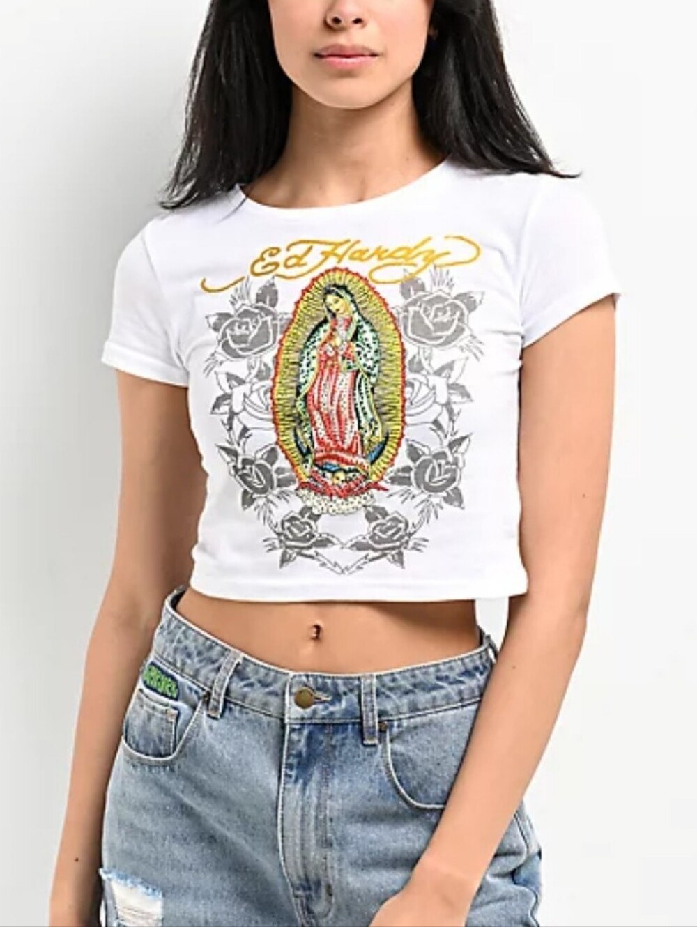 Ed Hardy Mary Rhinestone White Crop T-Shirt